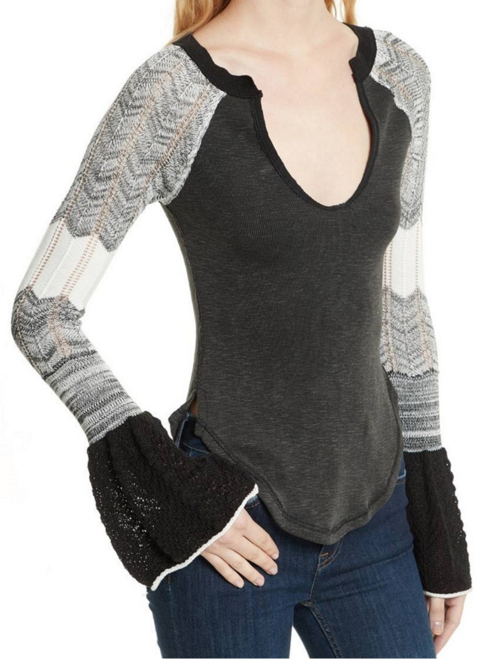 Free People Sunshine Thermal Bell Sleeve Top Size M Heathered Black/Gray